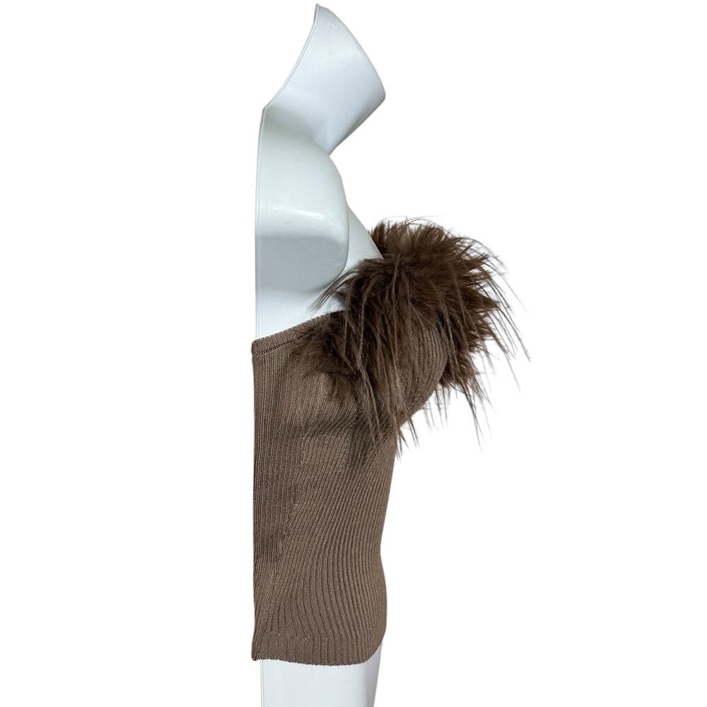 Taupe Knit Bandeau Tube Top Sz Small Faux Feather Sleeveless Stretch Ribbed - Picture 3 of 5